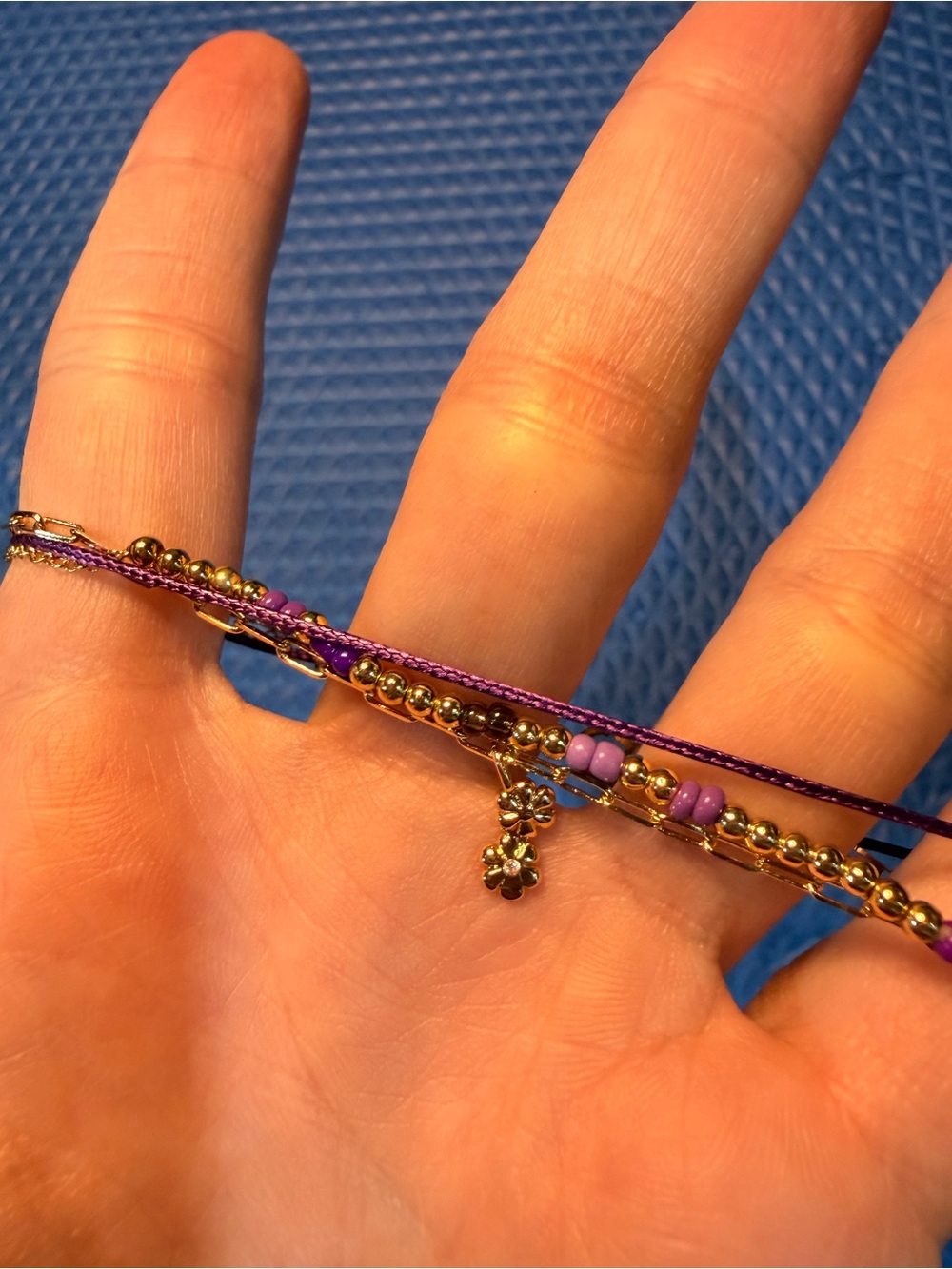 Adjustable Purple and Gold Beaded Women's Stacked Bracelet - Flower Charm